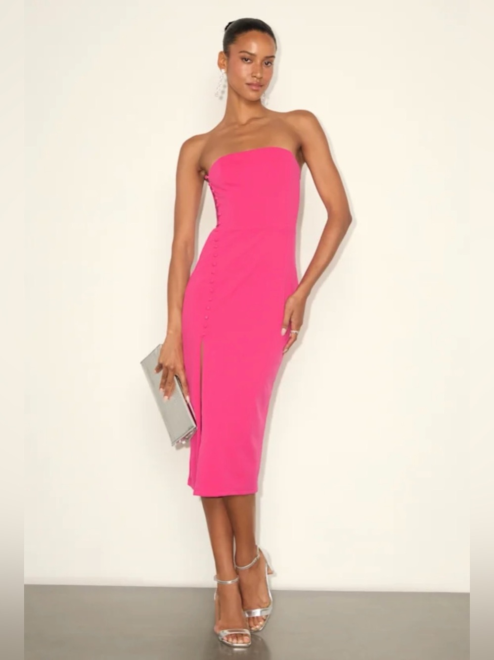 NWT Lulus Strapless Pink Midi Dress with sheer side panel, button details & slit - Picture 6 of 13